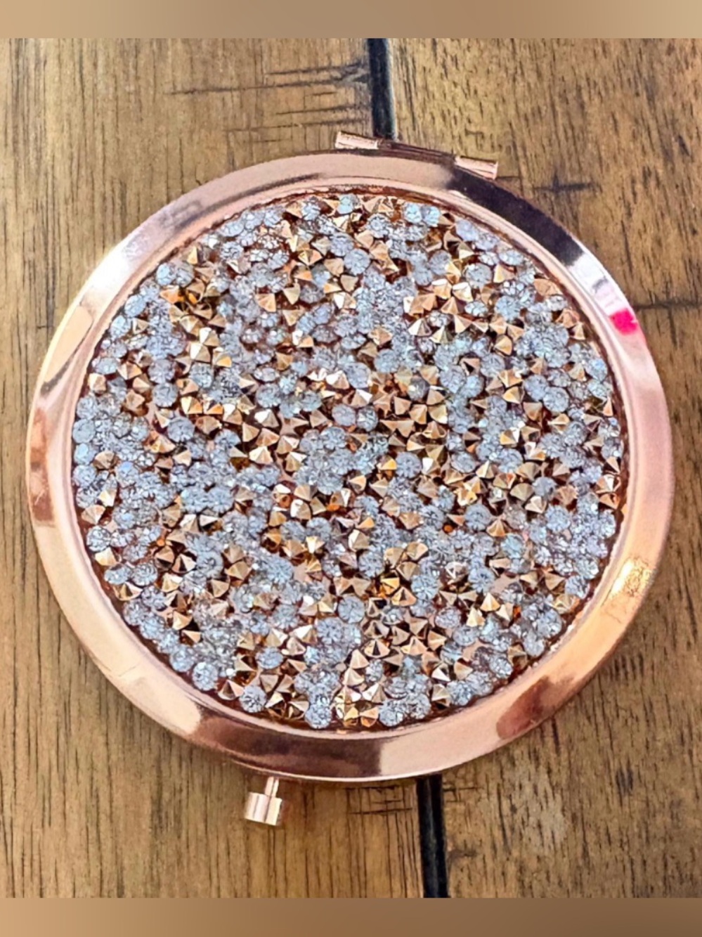 Rose Gold Compact Mirror with Rhinestone Cluster